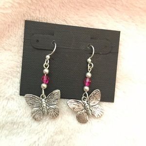 Silver and Pink Butterfly Dangle Earrings